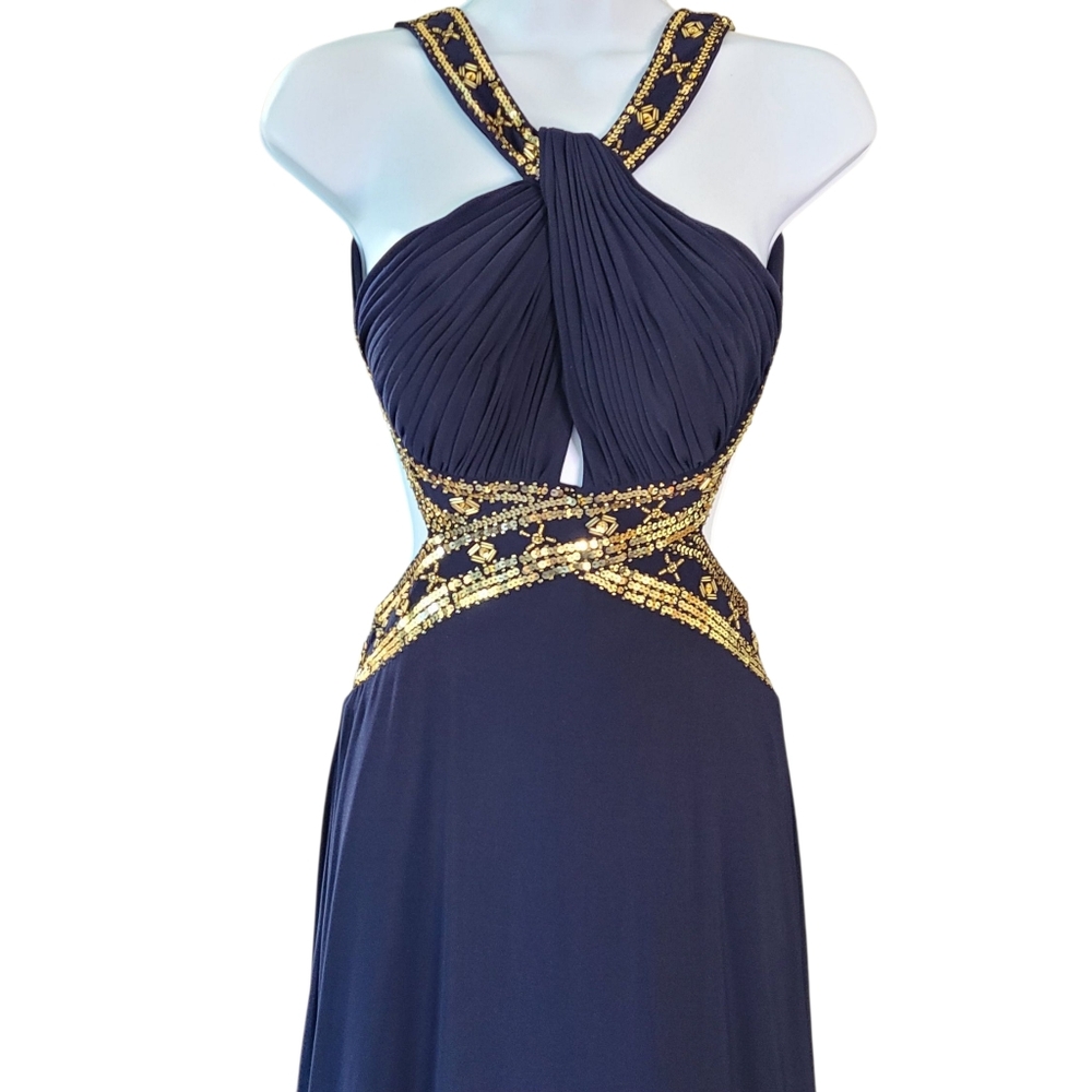 Betsy & Adam Navy and Gold Evening Gown Formal Size 2 Backless Classy Prom - Picture 3 of 7
